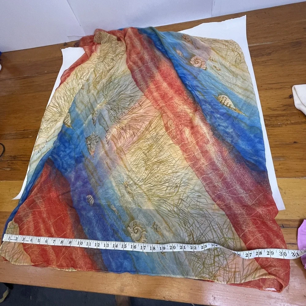 Vintage Scarf SHELLS Nautical Beach Labels removed 60x42 Blue Red Tan Soft Silky